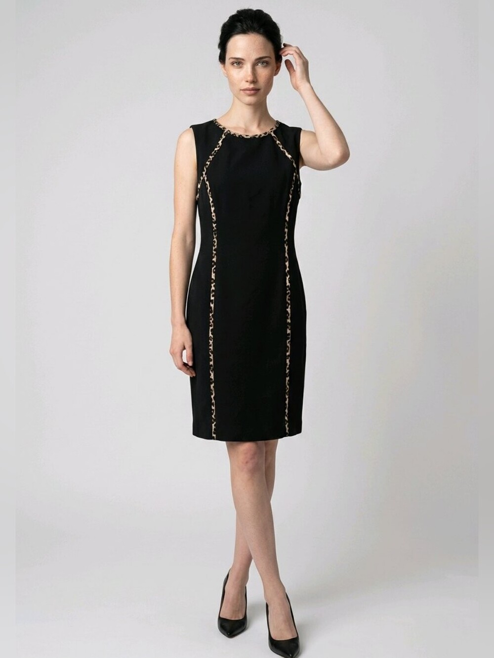 Black Label By Evan Picone Black Dress with Leopard Print Piping